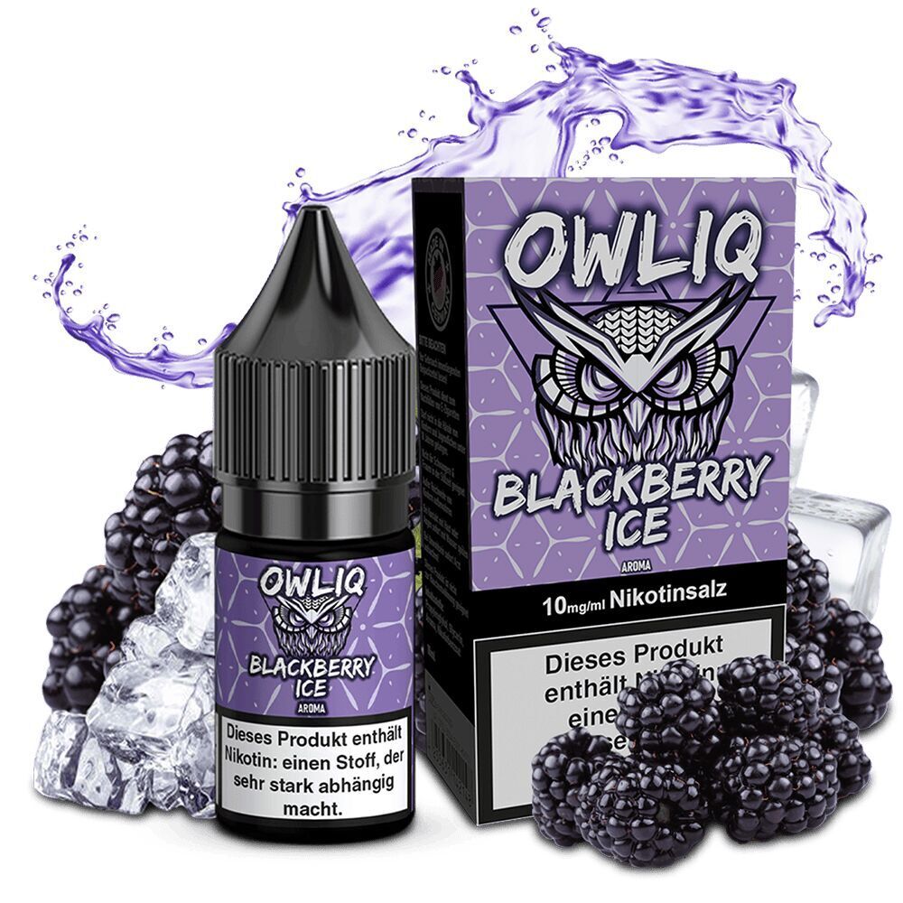 Owliq Nikotinsalz - Blackberry Ice Owliq Nikotinsalz Flasche und Box mit der Aufschrift Blackberry Ice 10mg, umgeben von Brombeeren und Eiswürfeln, violette Flüssigkeit im Hintergrund