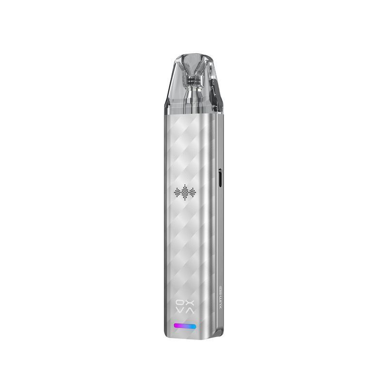 Oxva Xlim SE 2 Pod Kit in Silber-Grau mit transparenter Spitze, diagonalen Linien und Logo auf der Vorderseite.