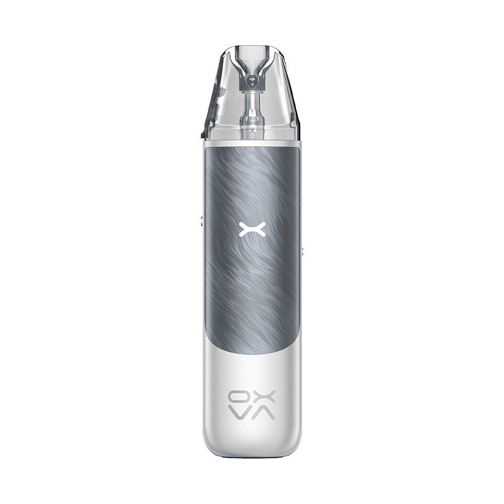 Oxva NeXLIM GO Pod Kit in Space Gray mit transparentem Mundstück, geschwungener, grauer Oberfläche und Oxva-Logo am unteren Rand.