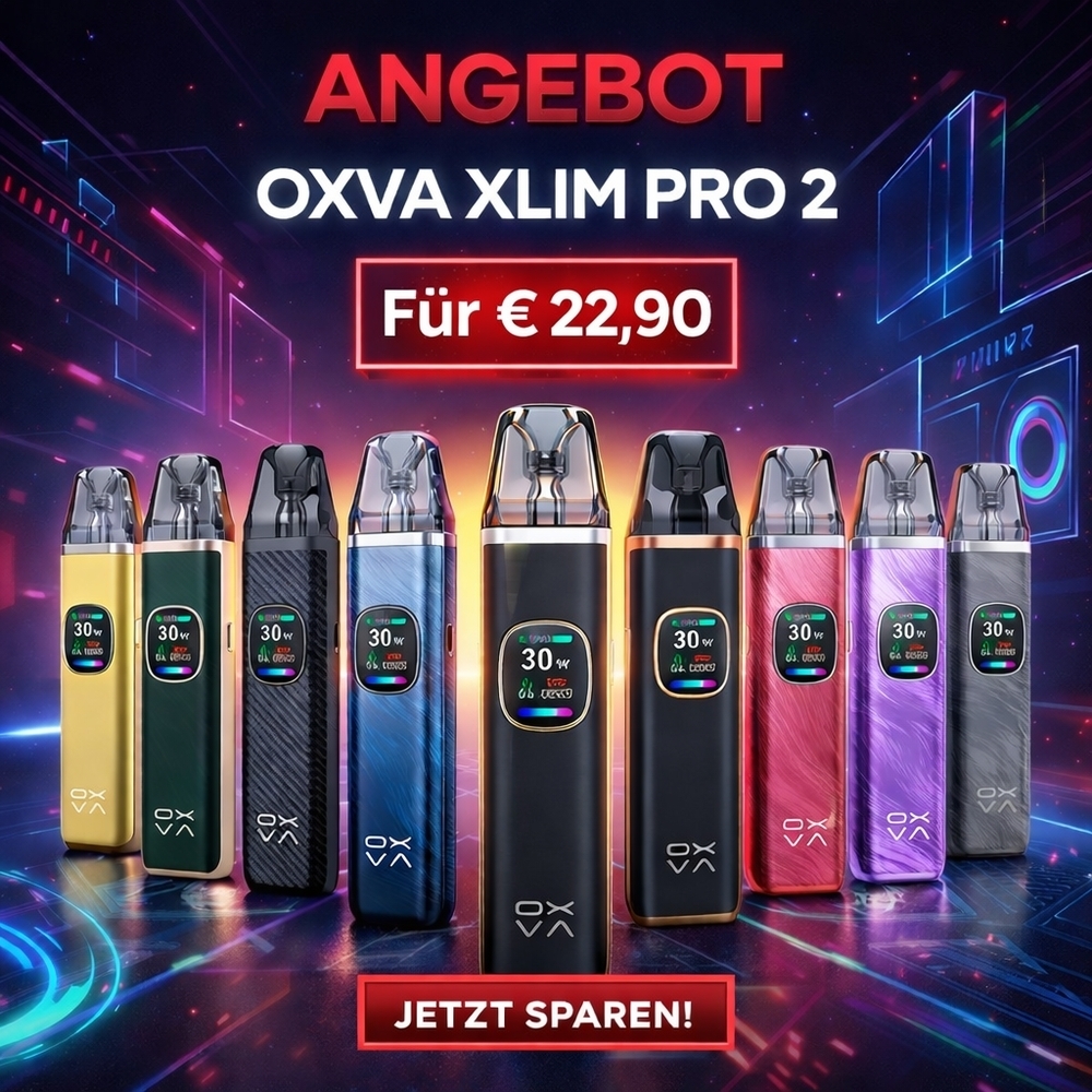Mehrere bunte Oxva Xlim Pro 2 Pod Kits vor einem futuristischen Hintergrund, Angebotspreis 22,90 €, Aufschrift „JETZT SPAREN!“