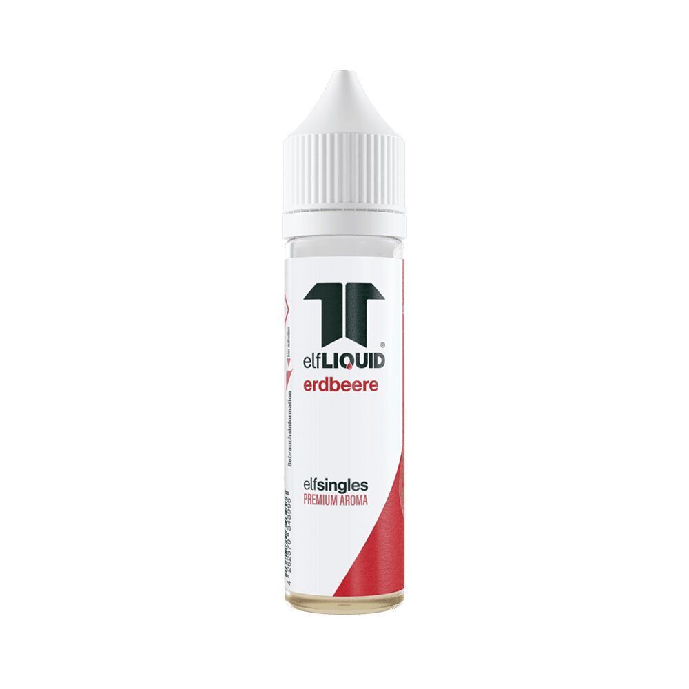 Elf Liquid Aroma - Erdbeere Flasche Elf Liquid Aroma mit Erdbeeraroma, weiße Kappe, roter Akzent, Aufschrift "elfLIQUID erdbeere" und "elfsingles PREMIUM AROMA".