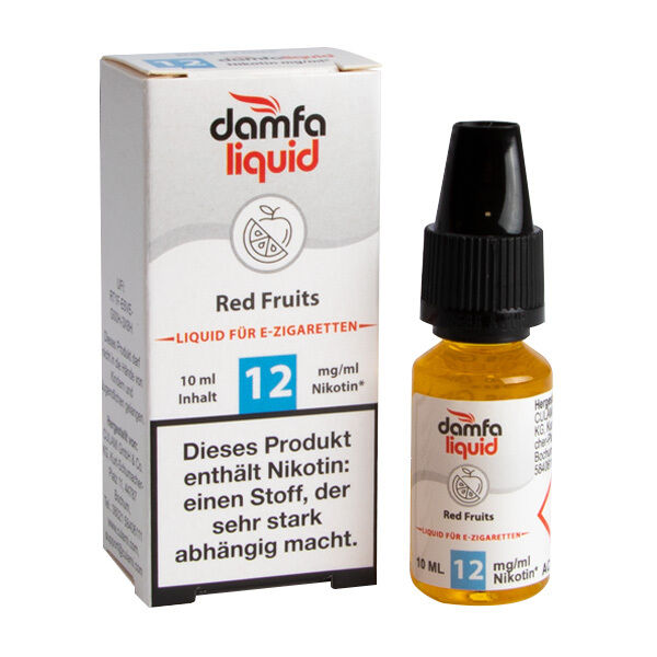 Liquid Red Fruits 12mg - damfaliquid E-Liquid-Flasche von Damfaliquid, Red Fruits, 12 mg/ml Nikotin, zeigt Warnhinweis auf Suchtgefahr, neben passender Verpackungsbox.