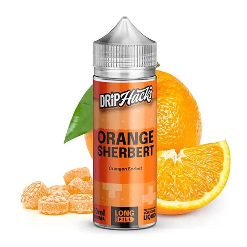 Aroma Orange Sherbet von Drip Hacks Drip Hacks Aroma - Orange Sherbet Flasche vor ganzen und halben Orangen, neben kleinen orangenen Bonbons