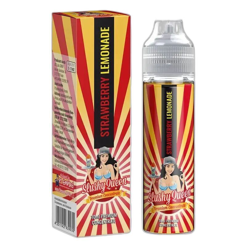 Aroma Strawberry Lemonade - PJ Empire Flasche und Verpackung von PJ Empire Aroma, Geschmack Strawberry Lemonade, mit Grafiken und Text "Slushy Queen Premium Concentrate"