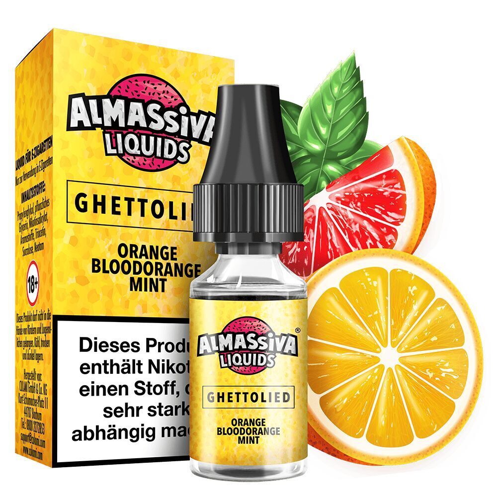 Liquid Ghettolied von Al Massiva Al Massiva Ghettolied Nikotinsalz-Flasche vor Verpackung, begleitet von Blutorangen- und Orangenhälften mit Minzblättern.