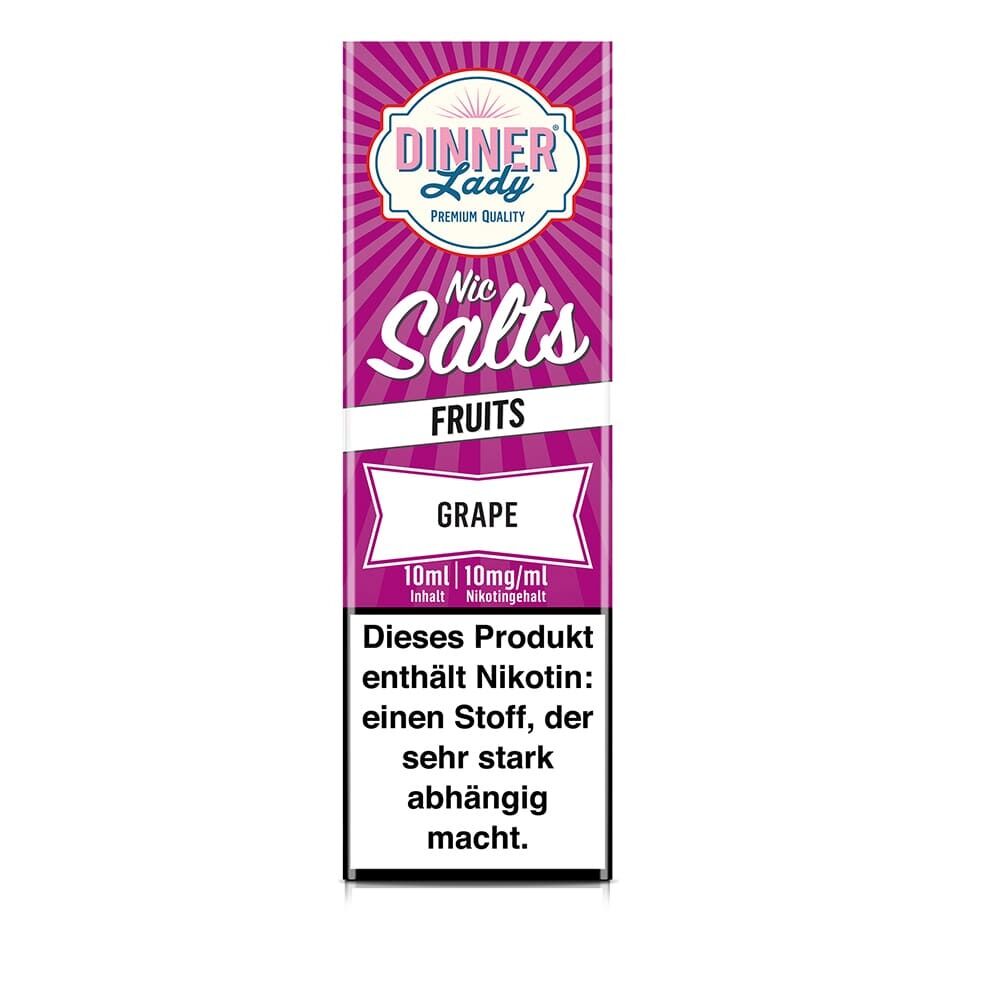 Dinner Lady Nic Salts Fruits Grape 10mg, 10ml Inhalt, Warnhinweis über Nikotinabhängigkeit auf Verpackung in Lila und Weiß