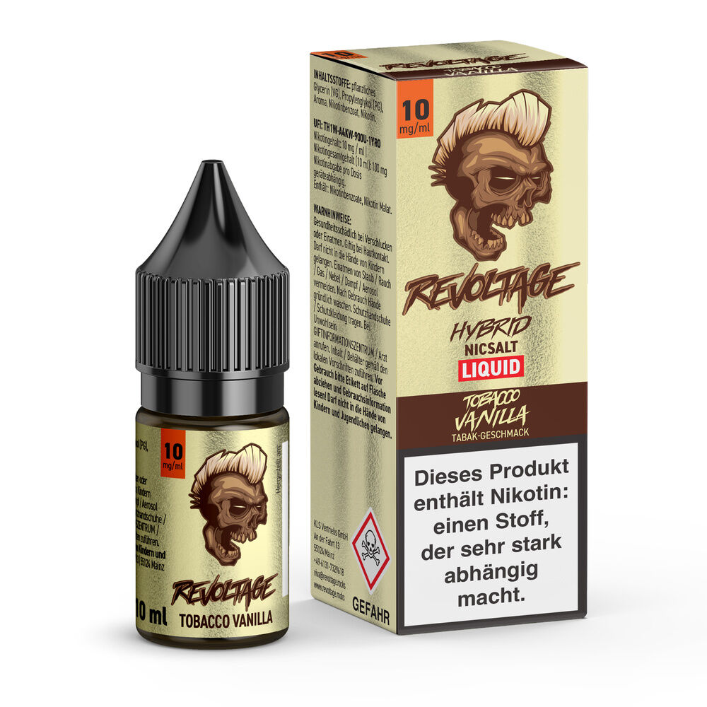 Revoltage Hybrid Liquid Tobacco Vanilla 10 mg, Flasche mit schwarzem Deckel und Verpackung mit Totenkopf-Design, Warnhinweis auf Nikotin.