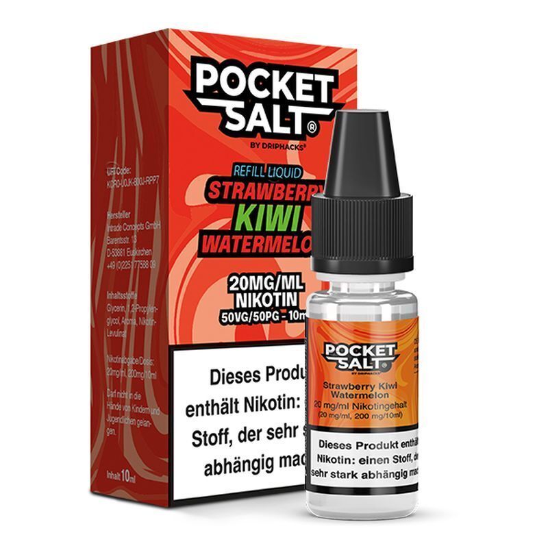 Pocket Salt Nikotinsalz-Flasche und -Verpackung, Strawberry Kiwi Watermelon, 20 mg Nikotingehalt, rot-orange Gestaltung, Warnhinweis sichtbar