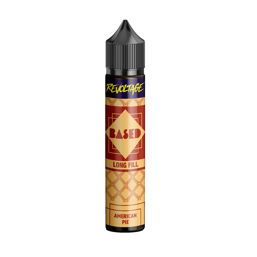 revoltage-based-longfill-aroma-american-pie Revoltage Based Longfill Aroma Flasche, mit schwarzem Deckel und Label in Beige und Rot, Text: Long Fill, American Pie