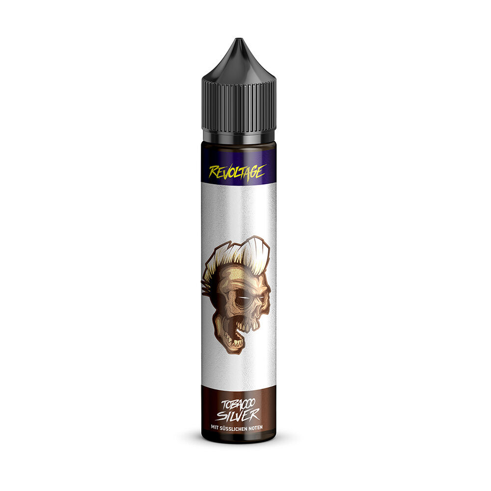 revoltage-tobacco-longfill-aroma-silver Flasche mit Revoltage Tobacco Longfill Aroma Silver, Totenkopf-Illustration, schwarzer Verschluss, Schriftzug Tobacco Silver mit süßlichen Noten.