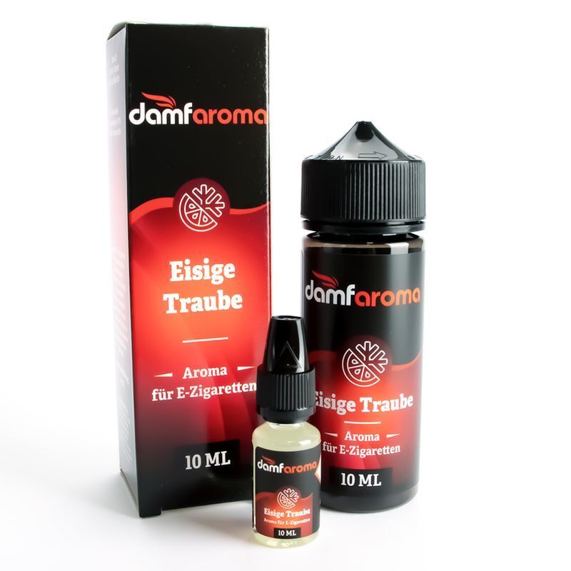 Aroma Eisige Traube von damfaroma Zwei Flaschen mit der Aufschrift "damfaroma Eisige Traube Aroma für E-Zigaretten", eine große und eine kleine Flasche neben einer Verpackung.