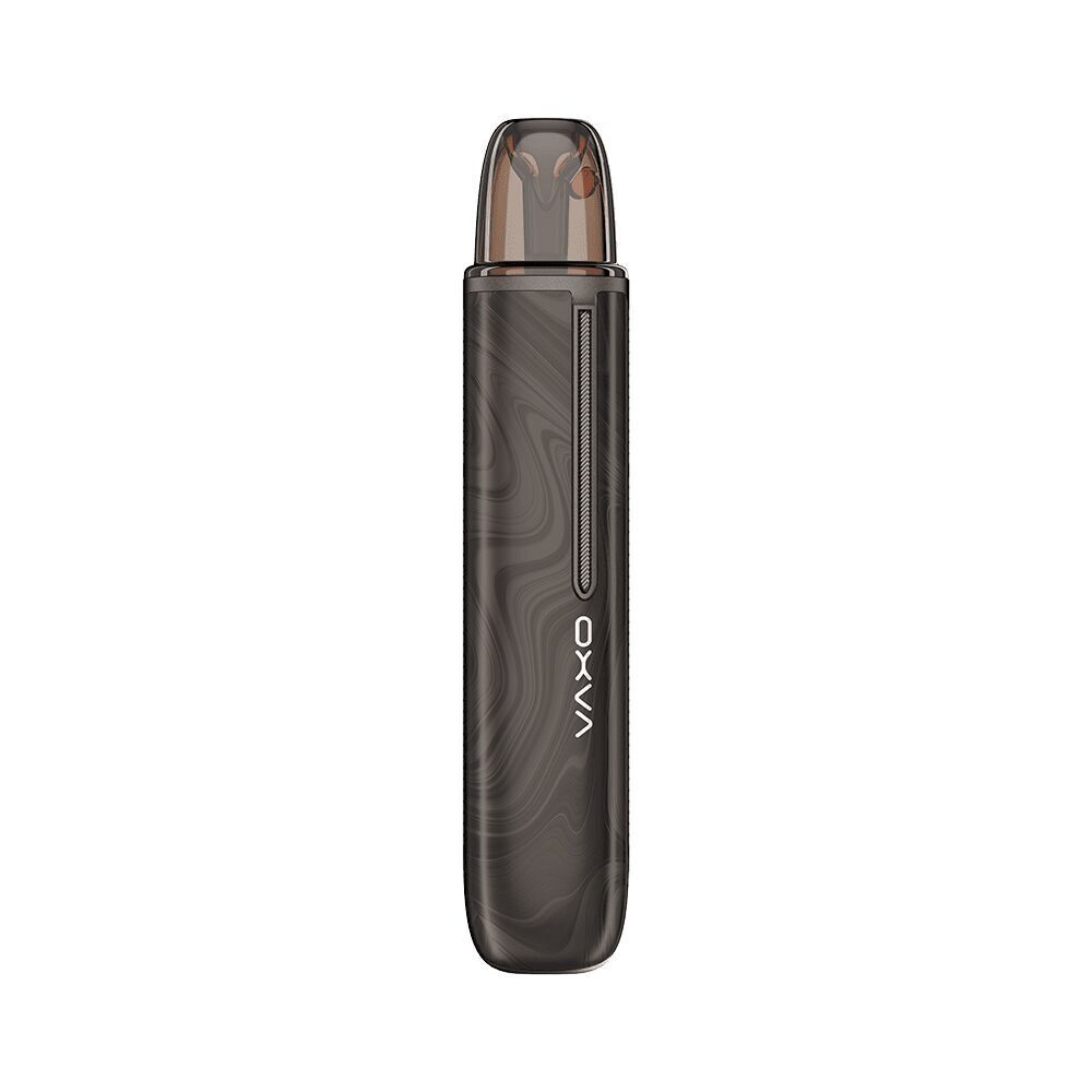 Oxva Artio 2 Akku in Dessert Brown mit geschwungenem Design und sichtbarem Logo auf der Vorderseite, klare Kappe oben sichtbar.