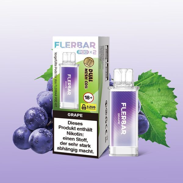 Grape 20mg - Flerbar Pods Flerbar Pods - Grape 20mg, Verpackung und Pod vor einem Hintergrund mit Trauben und Weinblättern, Warnhinweis: Nikotin ist stark abhängig machend.