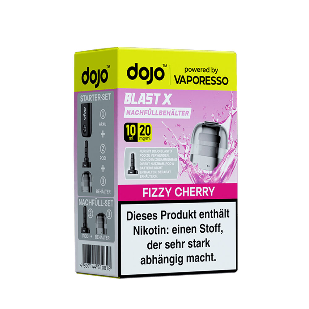 Vaporesso Dojo Blast X Pods - 20mg Nikotinsalz Verpackung der Vaporesso Dojo Blast X Pods - Fizzy Cherry 20mg mit Produktabbildung, pinke Spritzer und Nikotin-Warnhinweis.