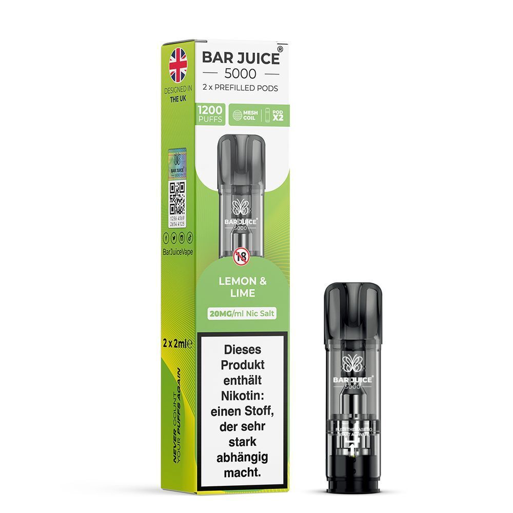 Lemon & Lime 20mg - Bar Juice 5000 Pods Bar Juice 5000 Pods in Lemon & Lime-Geschmack, 20mg Nikotinsalz, mit Verpackungshülle, Text "Dieses Produkt enthält Nikotin" sichtbar.