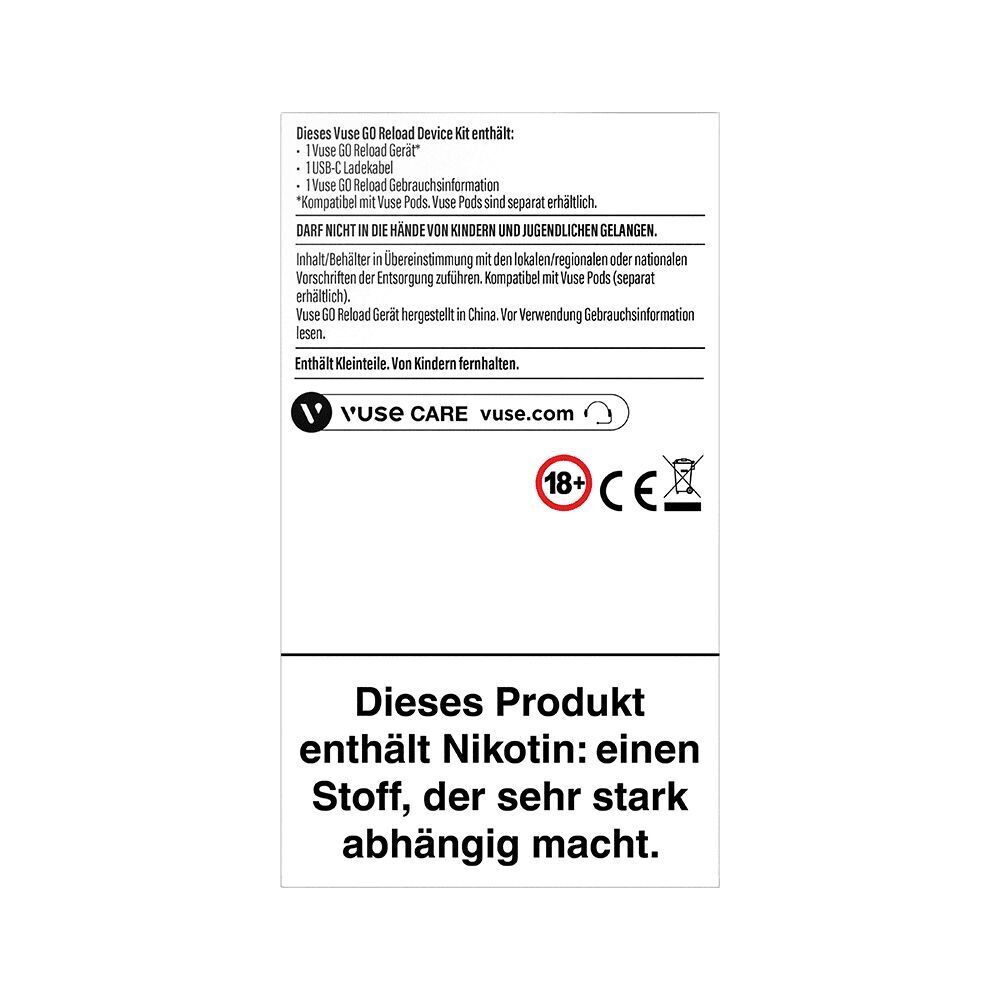 Rückseite der Vuse Go Reload Akku Box - Blue mit Text über enthaltene Bestandteile, Altersbeschränkung 18+, Warntext zu Nikotin und Website-Hinweis.
