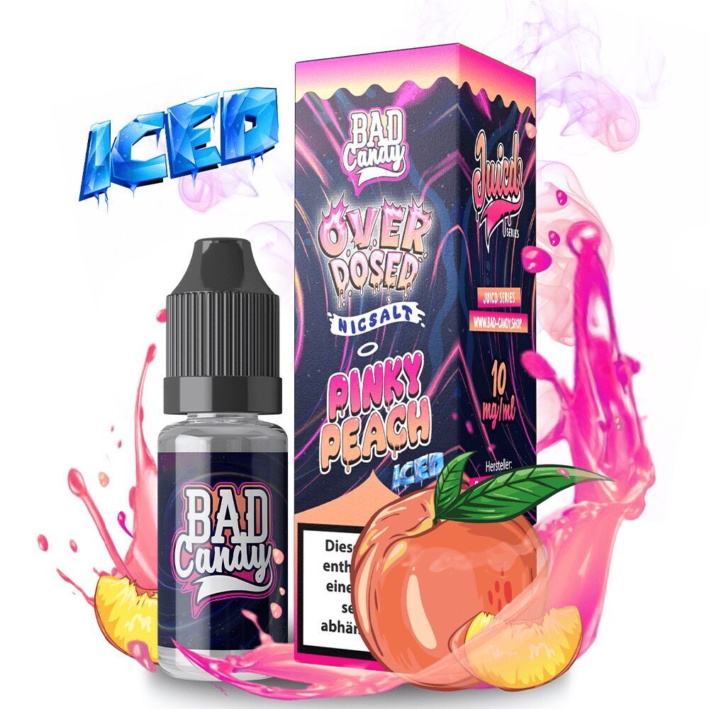 Liquid Pinky Peach Iced 20mg - Bad Candy Overdosed Flasche und Verpackung von Bad Candy Nikotinsalz Pinky Peach Iced, umgeben von spritzendem Saft und einer Pfirsich-Illustration