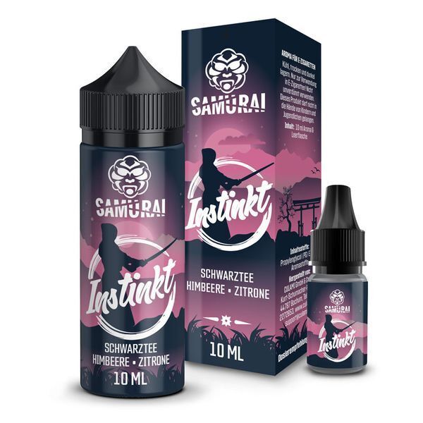 Aroma Instinkt von Samurai Samurai Aroma Instinkt, zwei Flaschen und eine Verpackung mit Design eines Schwertkämpfers, enthält schwarze Tee-, Himbeer- und Zitronenaromen