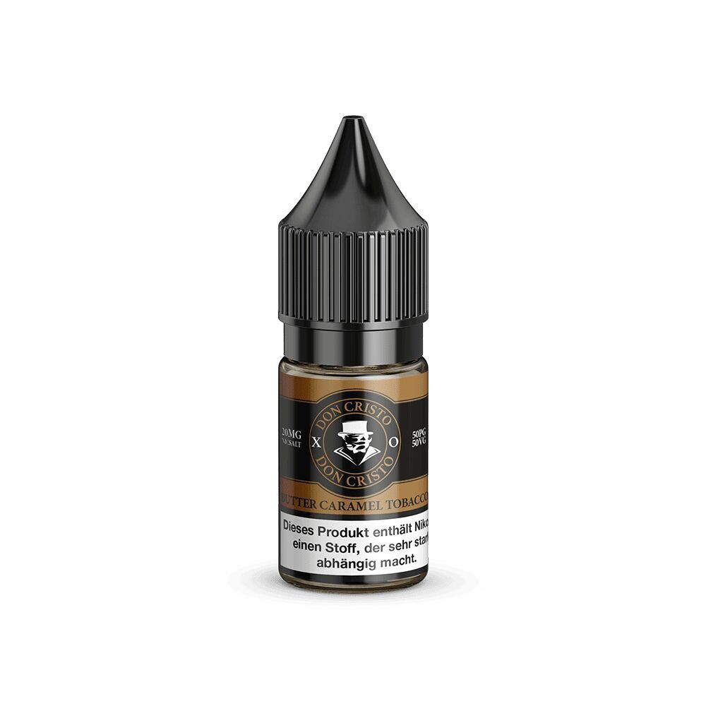 Liquid XO 20mg - Don Cristo Flasche Don Cristo Nikotinsalz XO Butter Caramel Tobacco, schwarze Kappe, goldener und schwarzer Etikettentext mit Warnhinweis über Nikotin.