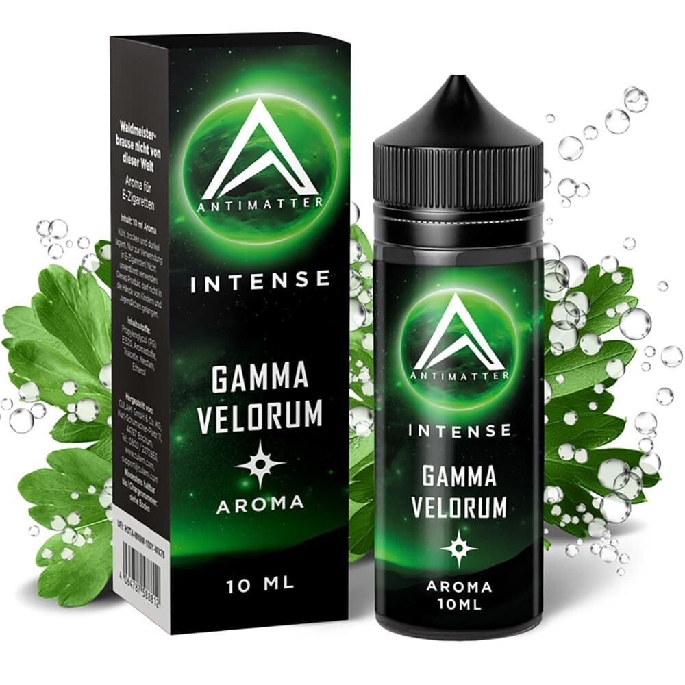 Aroma Gamma Velorum von Antimatter Intense Antimatter Intense Aroma Gamma Velorum 10 ml Flasche und Verpackung mit grünem Design und Blättern im Hintergrund, klare Flüssigkeitstropfen sichtbar