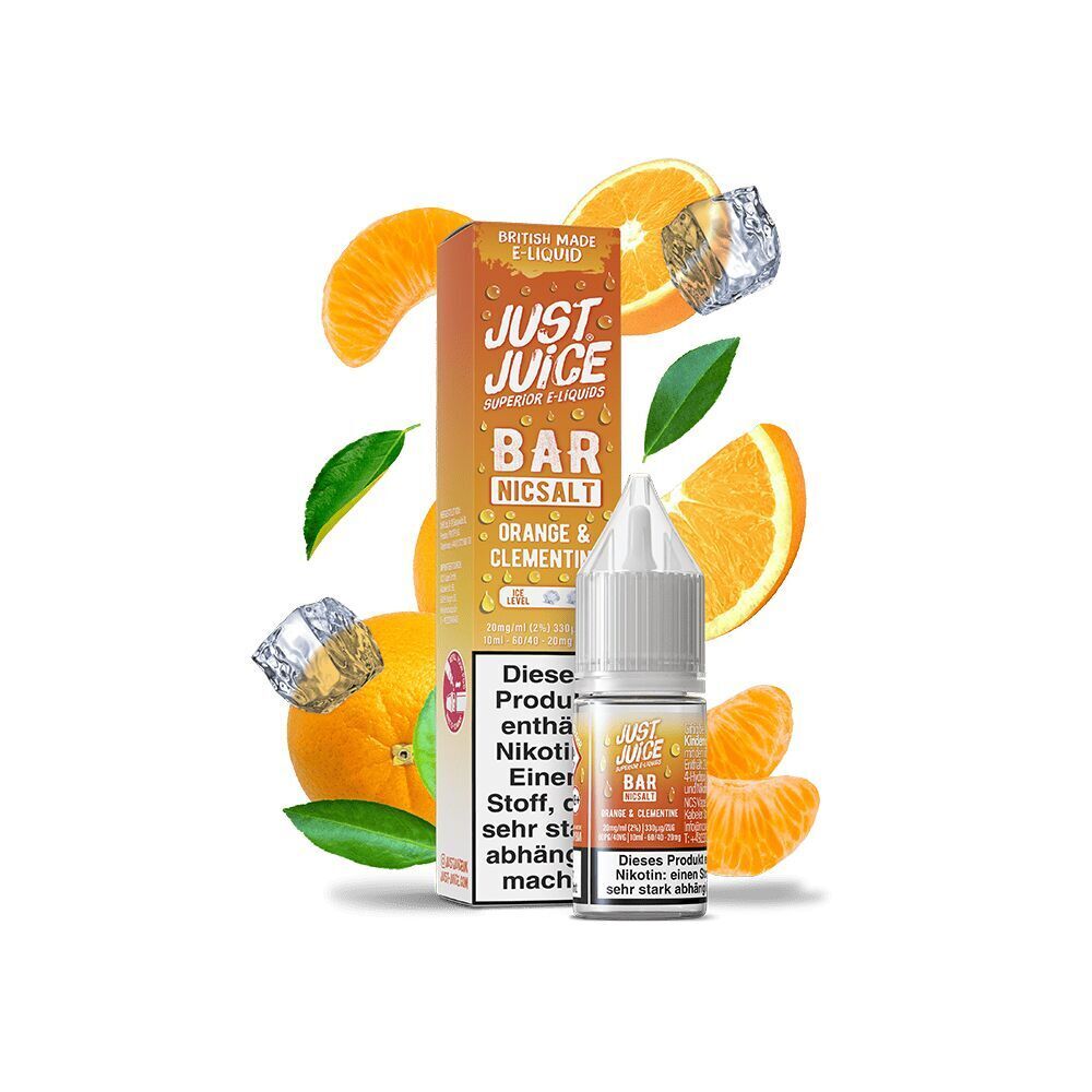 Liquid Orange & Clementine 20mg - Just Juice Just Juice Nicsalt Orange & Clementine 20mg Flasche mit Umverpackung, umgeben von Orangen-, Clementinenscheiben und gefrorenen Würfeln