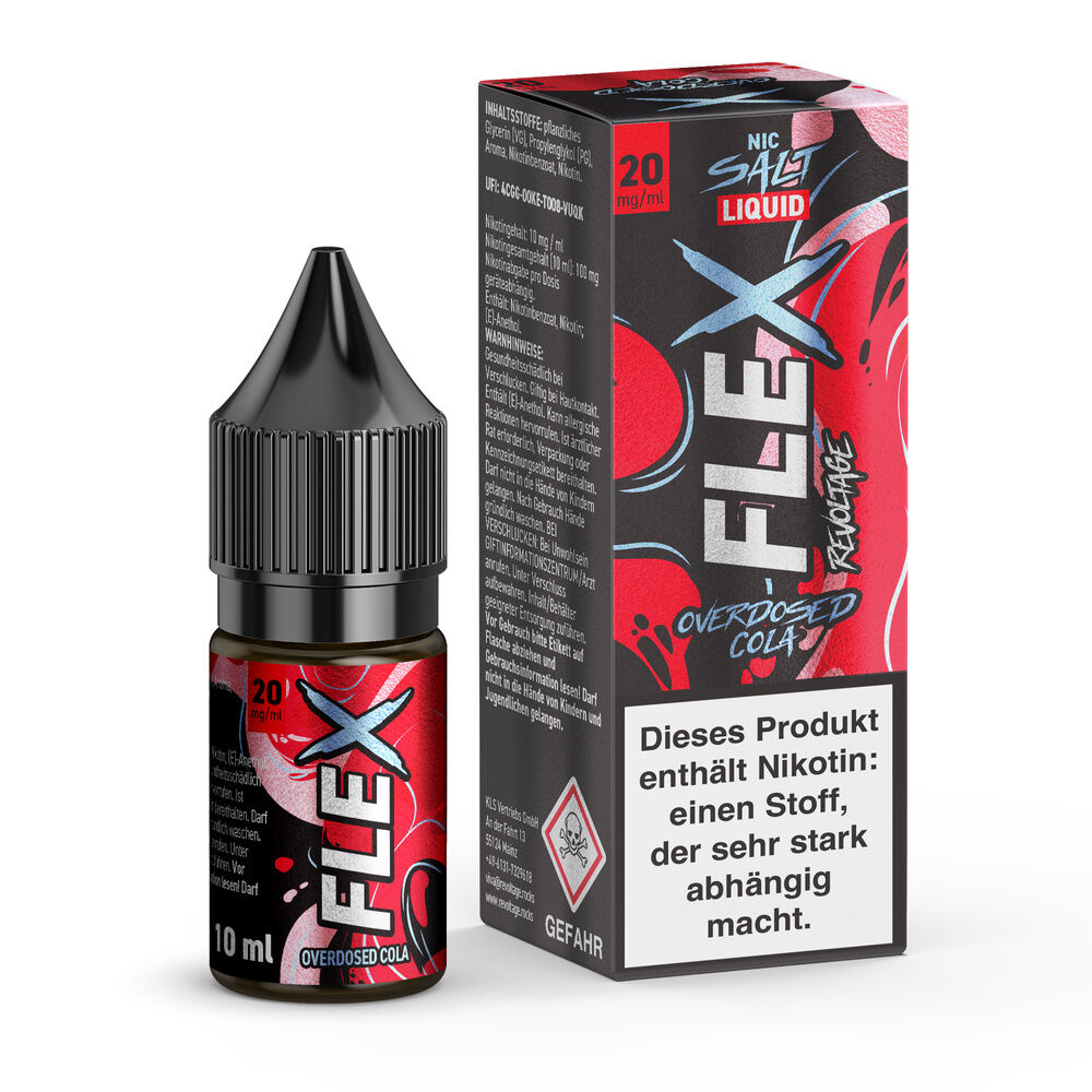 Revoltage Flex Nikotinsalz - Cola Flasche und Verpackung von Revoltage Flex Nikotinsalz Cola 20mg, mit Warnhinweisen und rotem Design, Flüssigkeit mit Nikotin.