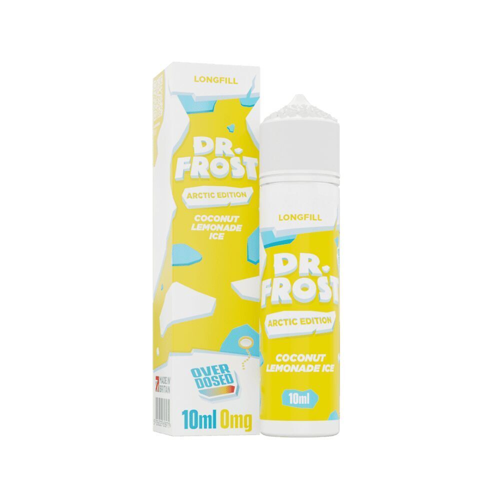 Aroma Coconut Lemonade Ice - Dr. Frost Dr. Frost Arctic Edition Longfill Flasche und Verpackung in Gelb mit der Aufschrift Coconut Lemonade Ice und 10 ml 0mg Over Dosed.
