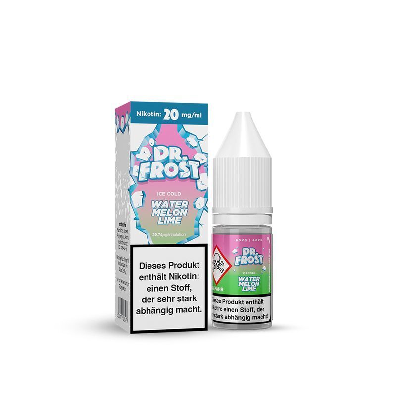 Liquid Ice Cold Watermelon Lime mit 20mg Nikotin von Dr. Frost Dr. Frost Ice Cold Watermelon Lime Nikotinsalz 20mg Flasche und Verpackung mit Warnhinweis auf Nikotinabhängigkeit.