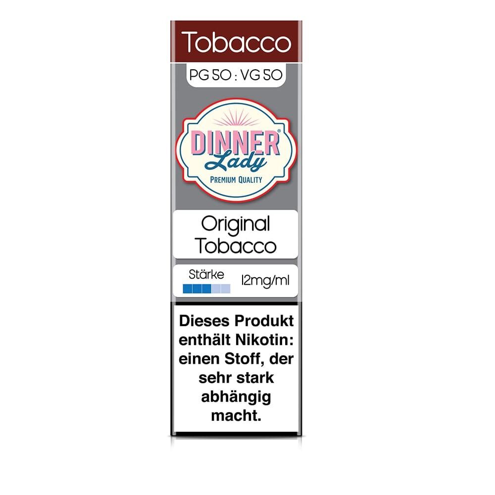 Dinner Lady Liquid Original Tobacco 12mg mit Nikotinwarnung, Stärkenanzeige und PG 50: VG 50-Verhältnis-Symbol.