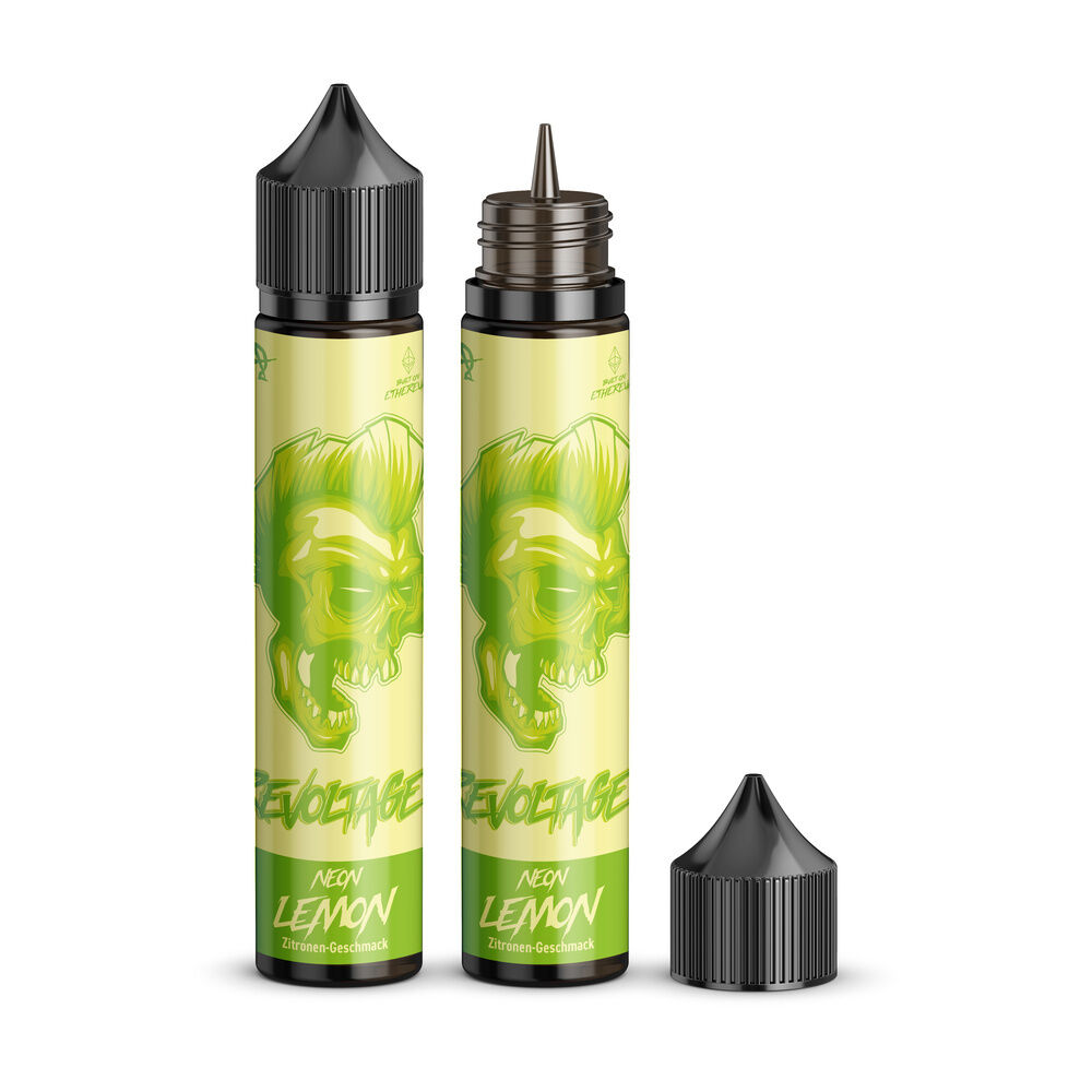 Zwei gelbe Flaschen mit schwarzem Verschluss, zeigen ein neongrünes Totenkopf-Design und die Aufschrift "Neon Lemon", Geschmack Zitrone.