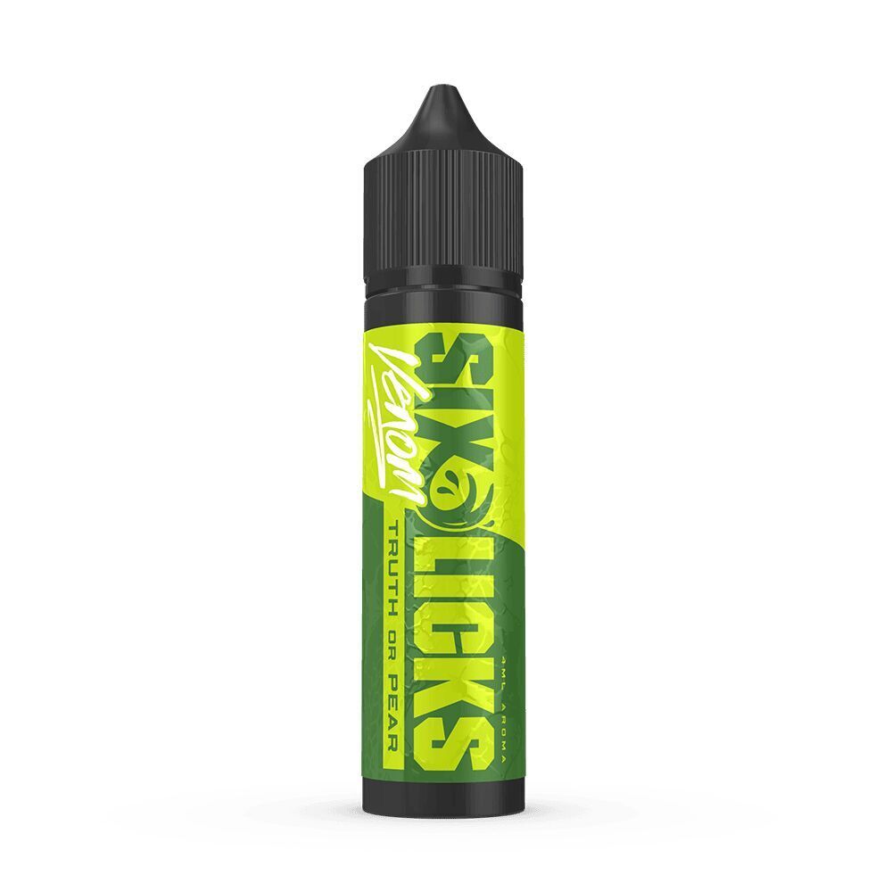 Six Licks Venom Aroma - Truth or Pear Aromesflasche von Six Licks Venom mit grünem Etikett, schwarzem Verschluss, Aufschrift „Truth or Pear“ auf der Vorderseite.
