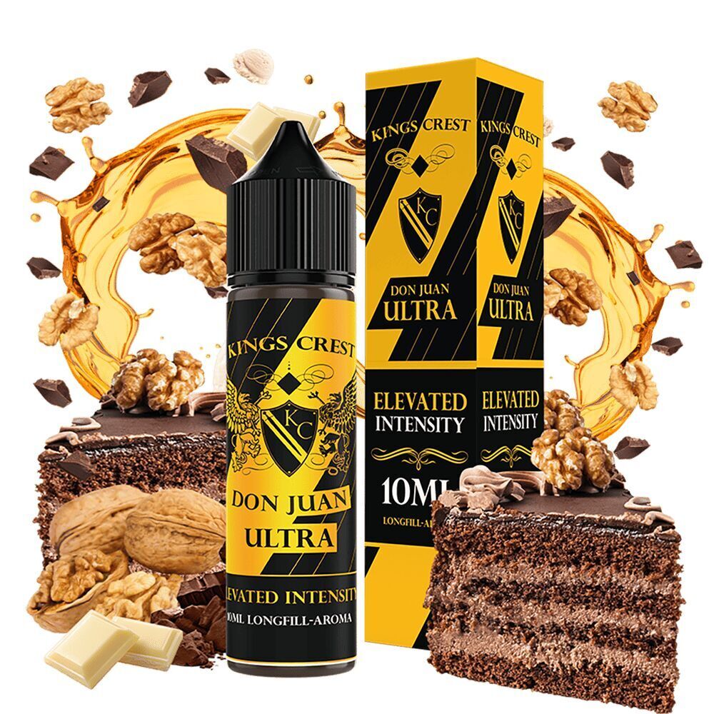 Kings Crest Aroma - Don Juan Ultra Kings Crest Aroma Don Juan Ultra Flasche und Verpackung, umgeben von Schokoladenstücken, Walnüssen und Schokoladenkuchenstücke