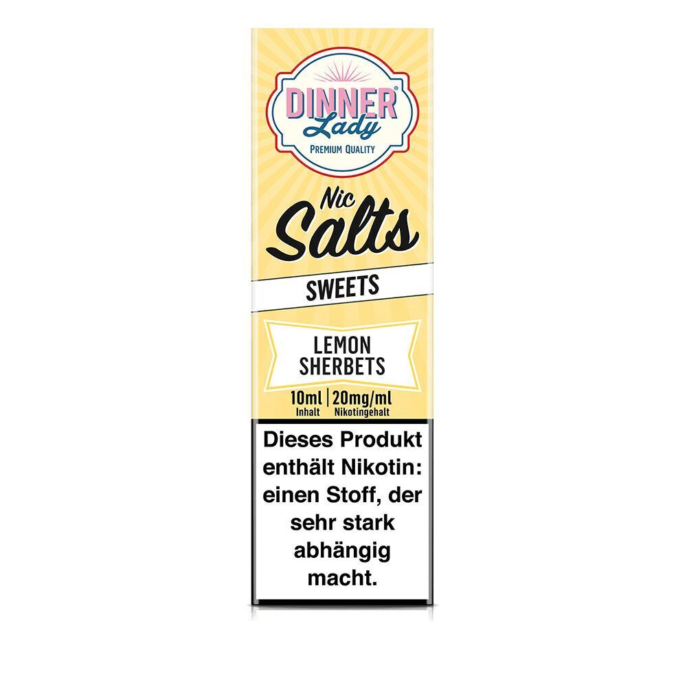 Dinner Lady Nic Salts Lemon Sherbets 20mg Nikotinsalz mit 10ml Inhalt, Warnhinweis auf Abhängigkeit durch Nikotin