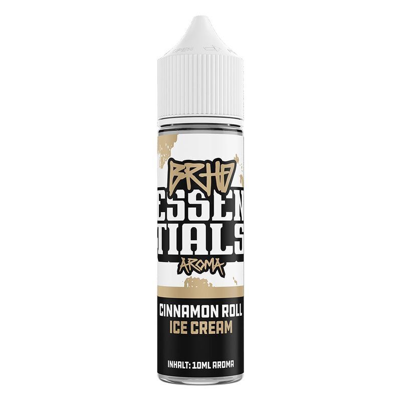 Aroma Cinnamon Roll Ice Cream von BRHD Flasche mit BRHD Aroma Cinnamon Roll Ice Cream, weißes Etikett, schwarze und goldene Schrift, Inhalt 10 ml Aroma.