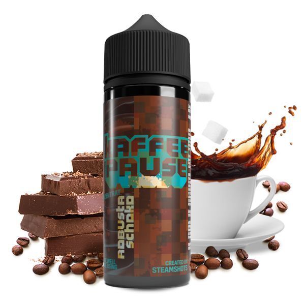 Aroma Robusta Schoko von Kaffeepause E-Flasche Kaffeepause Aroma Robusta Schoko, umgeben von Schokoladenstücken, Kaffeebohnen und einer Tasse mit spritzendem Kaffee.