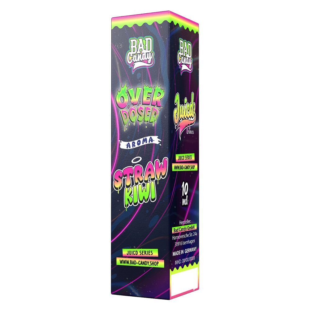 Aroma Straw Kiwi - Bad Candy Overdosed Verpackung von Bad Candy Aroma, Straw Kiwi Overdosed, zeigt bunte grafische Gestaltung mit Aufschriften, 10 ml Angaben und Herstellerinfo
