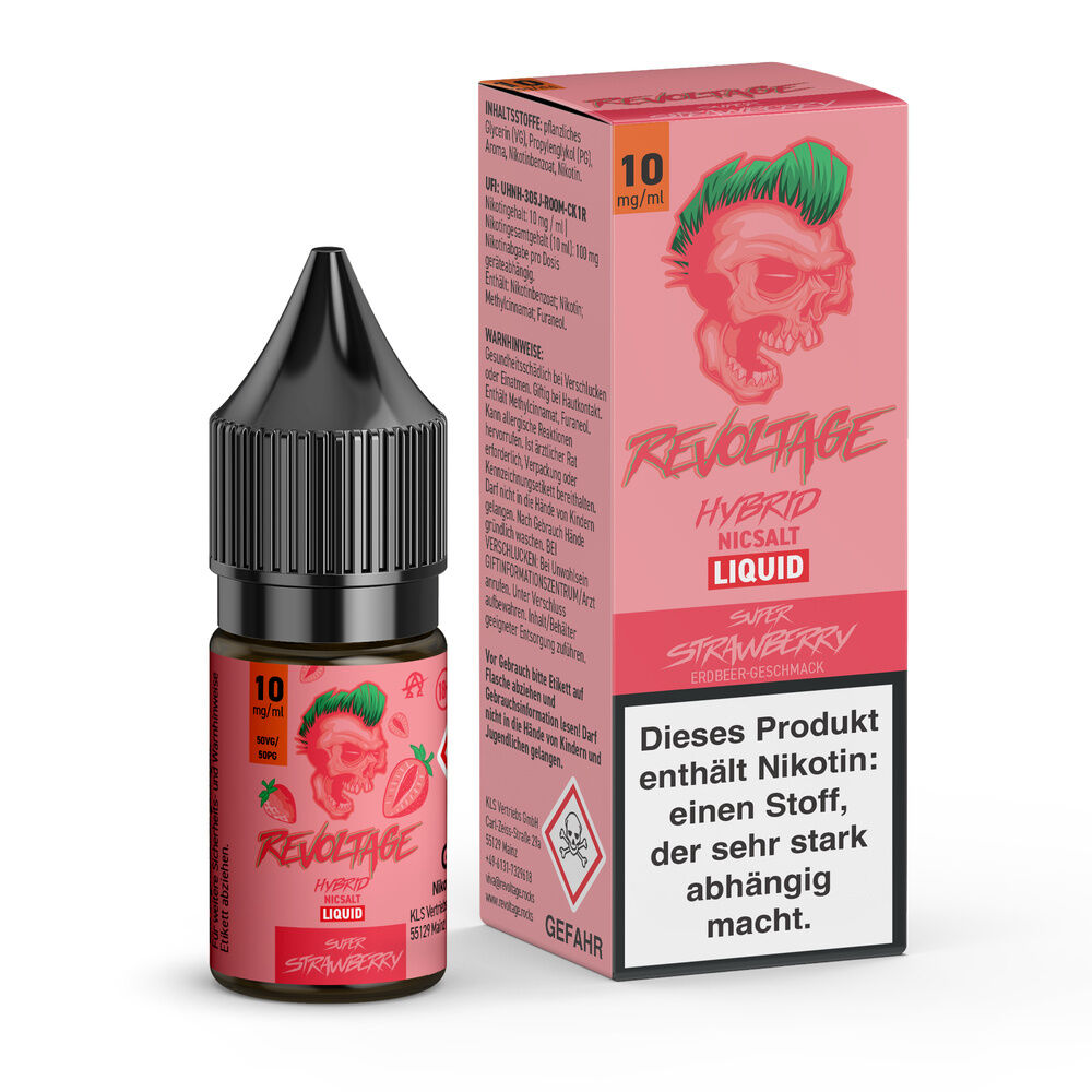 Revoltage Hybrid Liquid Flasche und Verpackung mit Totenkopf-Design, 10 mg/ml, NicSalt, Super Strawberry Geschmack, Warnhinweis zu Nikotin.