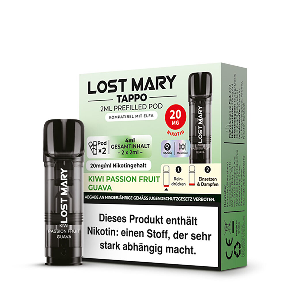 Kiwi Passion Fruit Guava 20mg - Lost Mary Tappo Pods Lost Mary Tappo Pod Verpackung mit Kiwi Passion Fruit Guava Aroma, 2 x 2ml, 20mg Nikotingehalt, Warnhinweise und Produkthinweise sichtbar