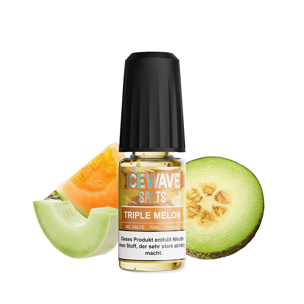 Icewave Nikotinsalz - Triple Melon 10mg Icewave Nikotinsalz Triple Melon 10mg Flasche vor zwei Melonenscheiben, einem orangen und einem grünen Fruchtfleisch, mit Produktinformation.