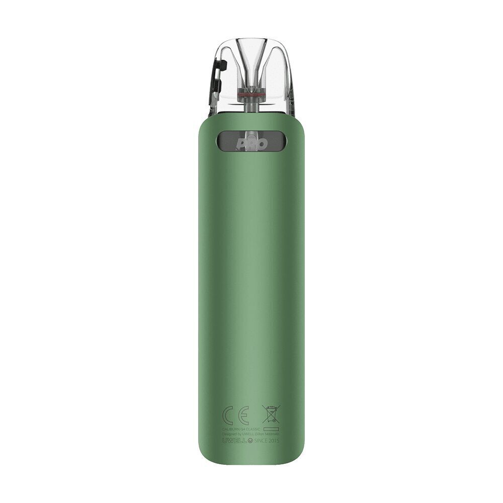 Uwell Caliburn G4 Classic Pod Kit - Classic Silver Grünes Uwell Caliburn G4 Classic Pod Kit mit durchsichtigem Mundstück und sichtbarem CE-Kennzeichen auf der Unterseite