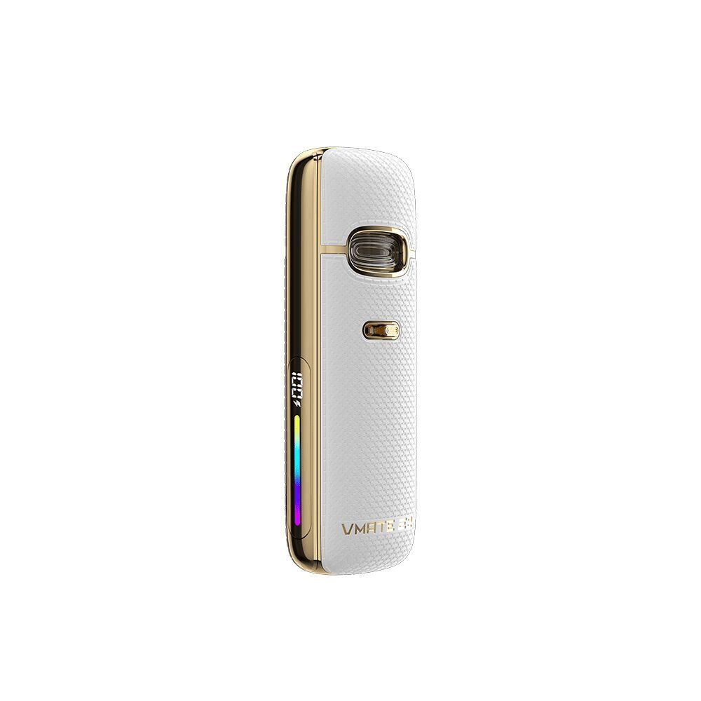 Voopoo Vmate E2 Pod Kit - Seashell White Voopoo Vmate E2 Pod Kit in Weiß mit goldenen Akzenten, strukturiertes Gehäuse und sichtbarem Ladezustandanzeiger.