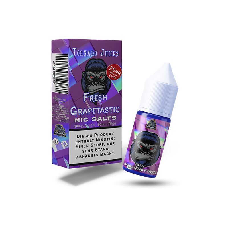 Tornado Juice Nikotinsalz mit der Aufschrift Fresh Grapetastic 20mg, Gorilla-Logo auf lila Verpackung und Flasche, Warnhinweis abgebildet.