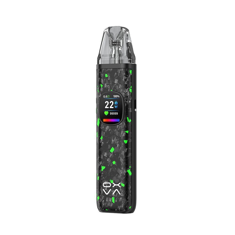 Oxva Xlim Pro 2 DNA Pod Kit - Luminous Forged Carbon Fiber Oxva Xlim Pro 2 DNA Pod Kit mit schwarzem, gemustertem Gehäuse, grün leuchtendem Display, Anzeige für 22W, 100% Akkustand, Herzsymbol und Markenlogo