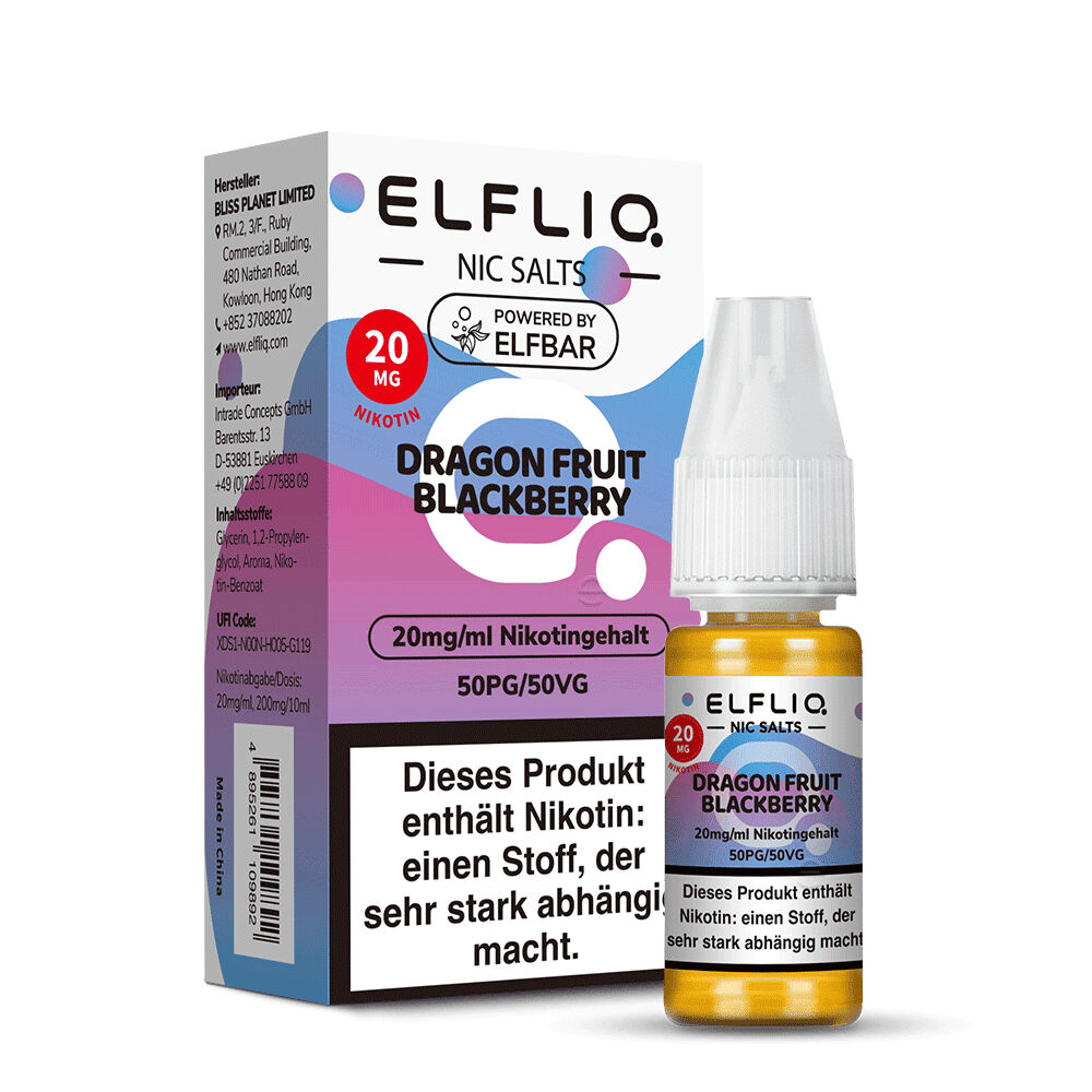 Elfliq Nikotinsalz Dragon Fruit Blackberry 20mg Packung und Flasche, Hinweise auf Nikotingehalt und Abhängigkeit, farbige Verpackung mit Text.