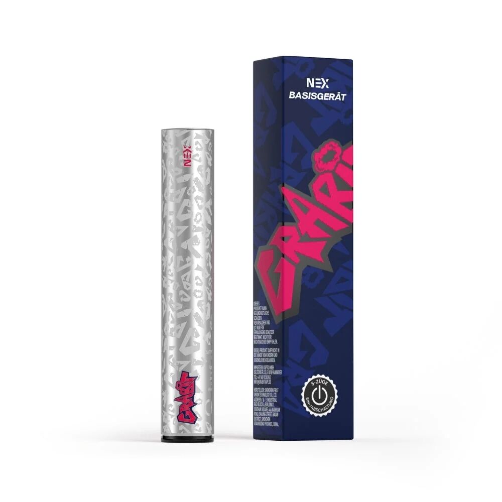 Grabit Nex Akku Basisgerät mit 500mAh, silbernes Design mit stilisiertem Schriftzug, steht neben passender blauer Verpackung mit pinkem Text.