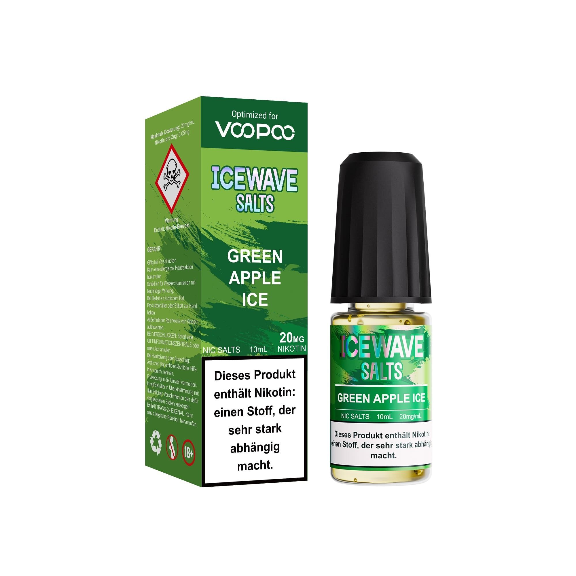 Icewave Nikotinsalz - Green Apple Ice 20mg Icewave Salts Green Apple Ice Nikotinsalz 20 mg Verpackung und 10 ml Flasche mit Warnhinweis über die Nikotinabhängigkeit.
