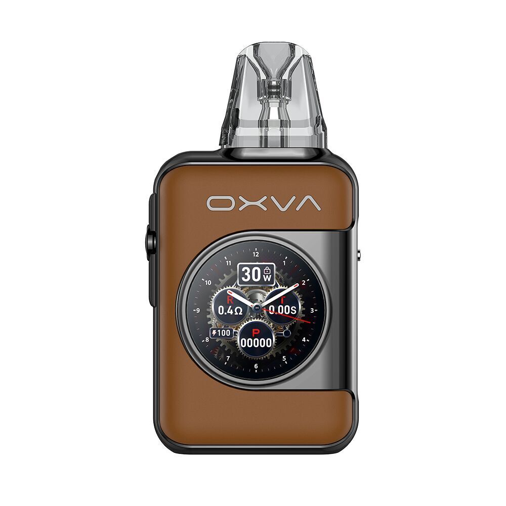 Oxva XLIM SQ Pro 2 Pod Kit Oxva XLIM SQ Pro 2 Pod Kit in Braun mit sichtbarem Display zeigt Leistung, Widerstand und Zeit auf einer Uhrenanzeige.