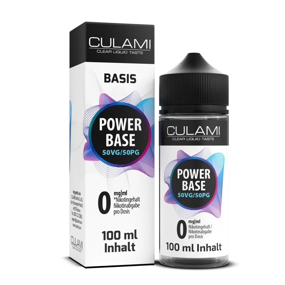 Basis Liquid 100ml 50PG/50VG - Power Base Culami Basis Liquid Power Base 50VG/50PG Flasche und Verpackung mit 0 mg Nikotingehalt, 100 ml Inhalt, klarer Liquidgeschmack.