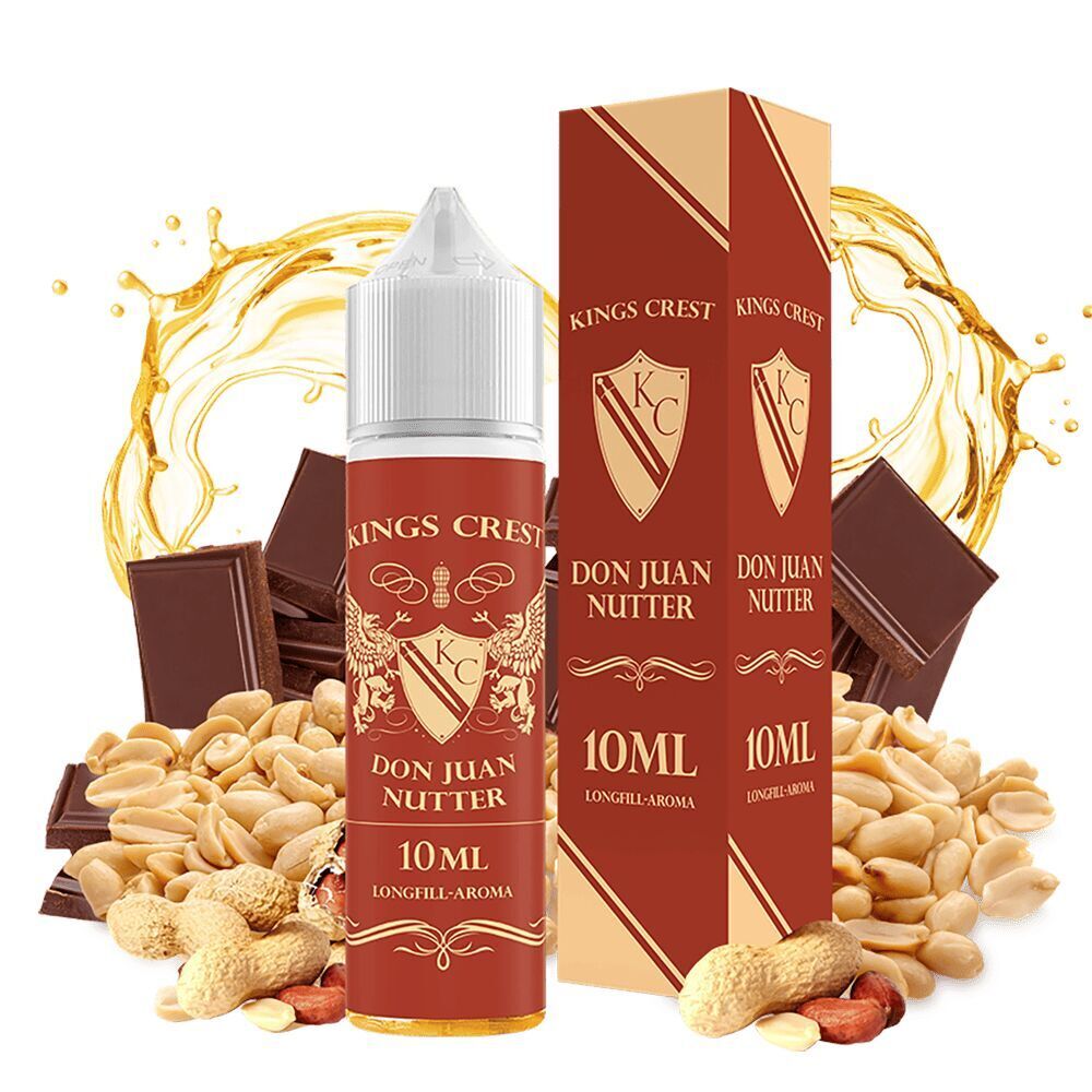 Kings Crest Aroma - Don Juan Nutter Kings Crest Aroma Don Juan Nutter Flasche und Box, umgeben von Schokolade, Erdnüssen und Ölspritzern auf weißem Hintergrund