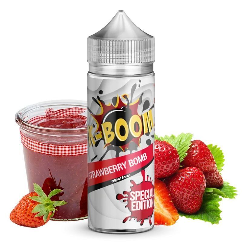Aroma Strawberry Bomb von K-Boom K-Boom Aroma Strawberry Bomb Flasche, umgeben von frischen Erdbeeren und einem Glas Erdbeermarmelade, Special Edition Design.